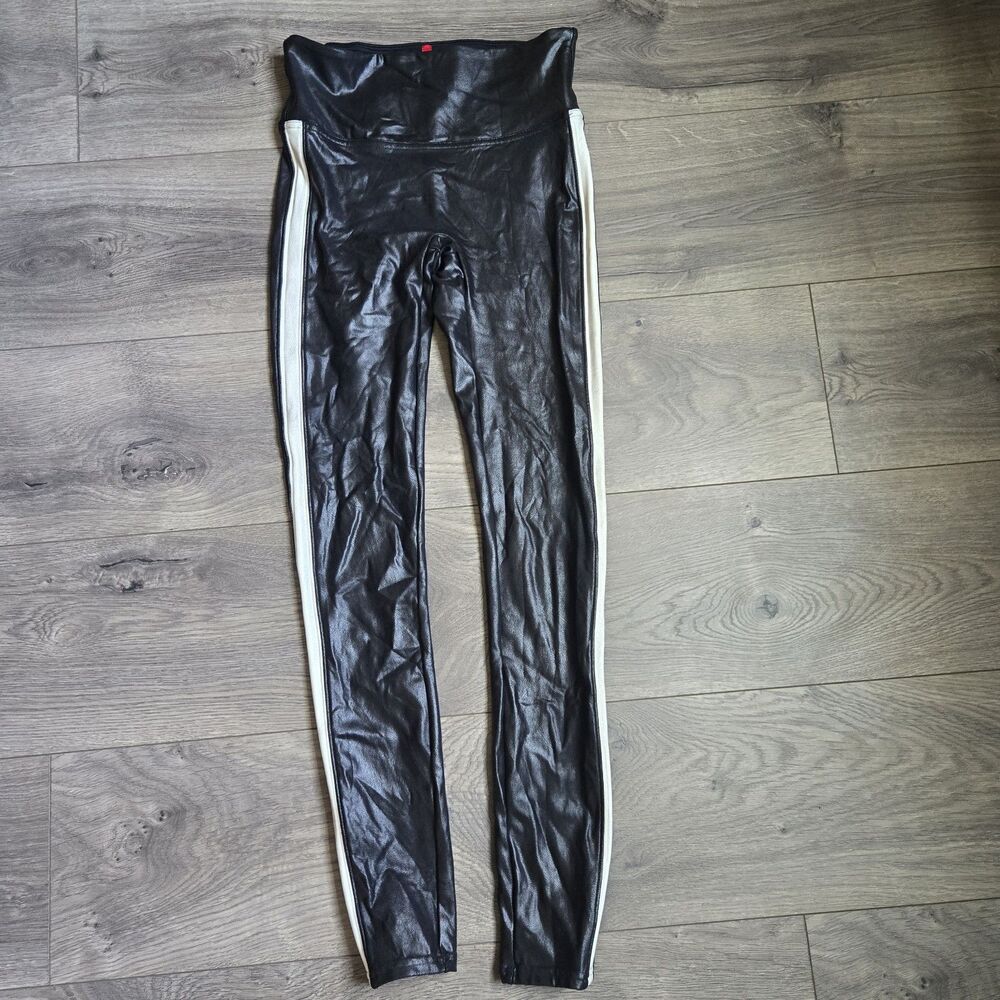 SPANX Black Faux Leather Tuxedo Leggings White Side Stripe 20187RWomen's Small